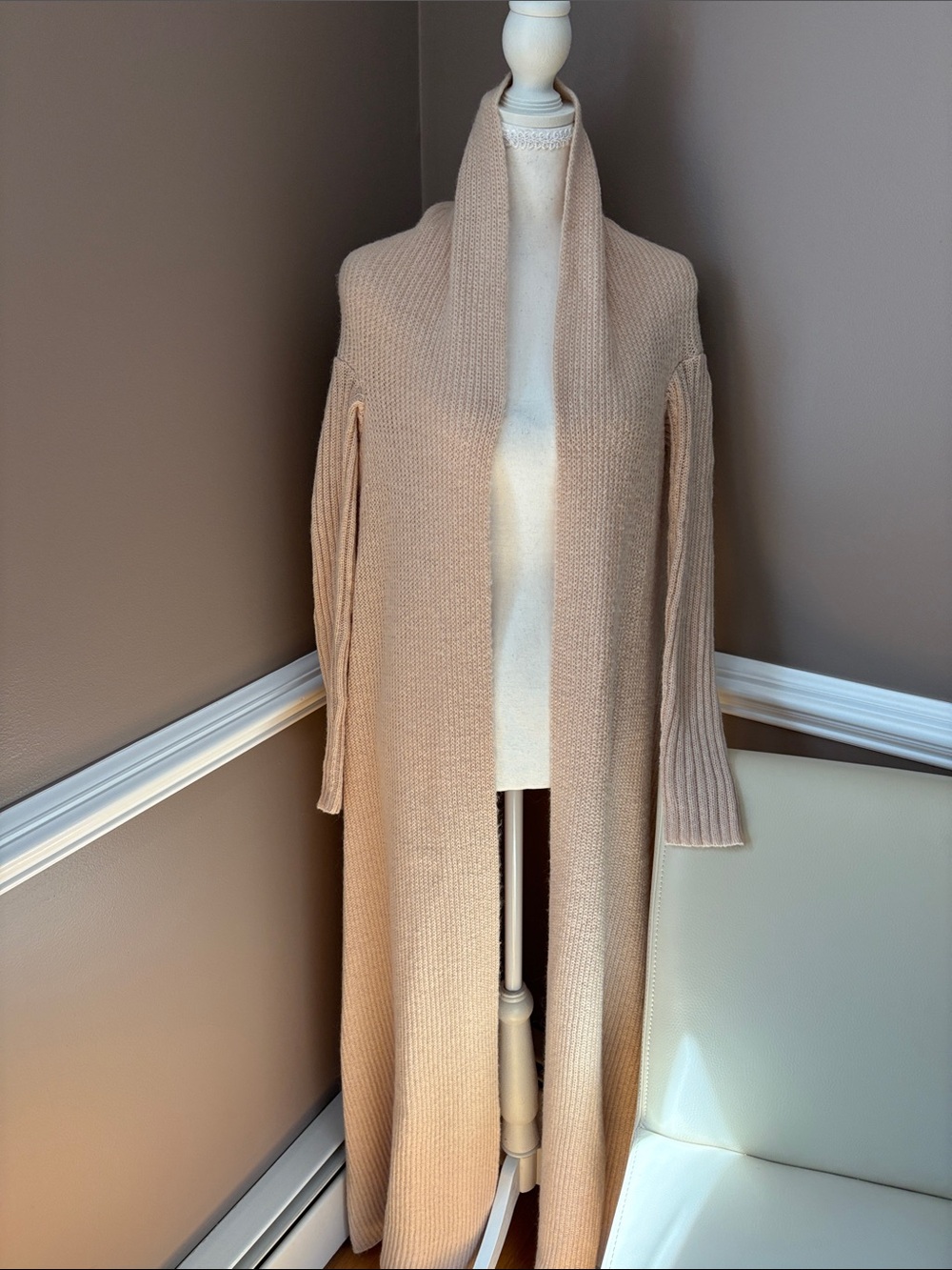 cult gaia Long Open-Front Duster Cardigan in Beige